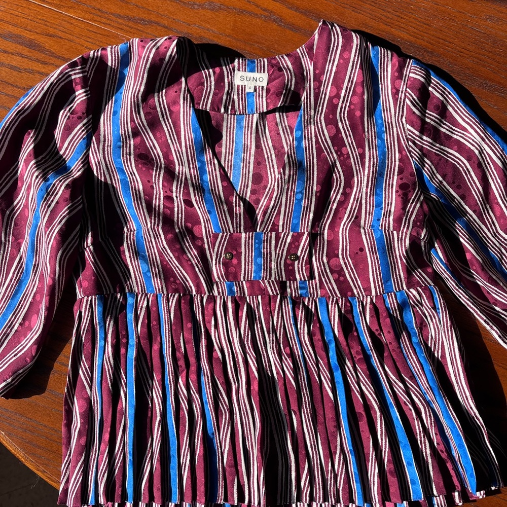 SUNO Burgundy and Blue Striped Silk Babydoll Blouse